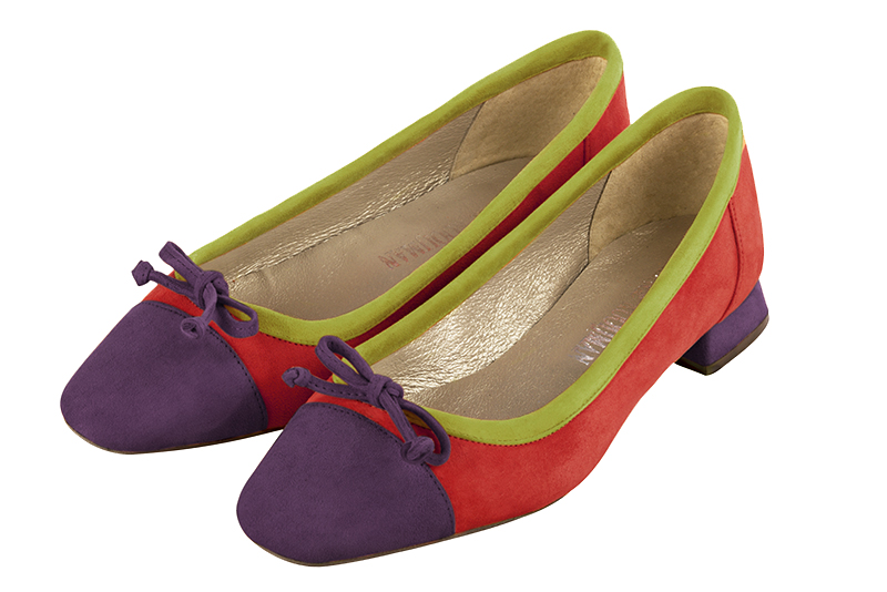 Amethyst purple, scarlet red and pistachio green women's ballet pumps, with low heels. Square toe. Flat flare heels. Front view - Florence KOOIJMAN